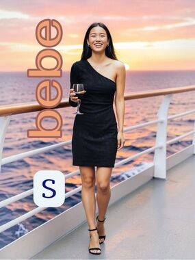 bebe One-Shoulder Long Sleeve Mid-Thigh Black Dress SMALL